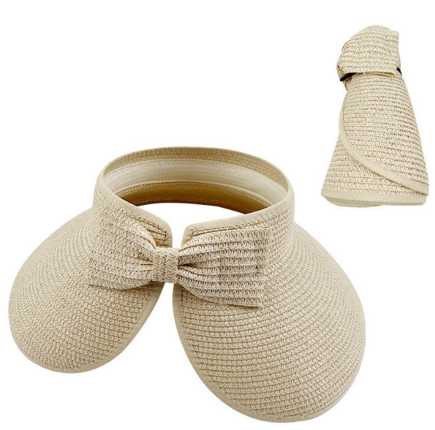 Foldable Bow Decor Sun Visor Wide Brim UV Protection Straw Hat