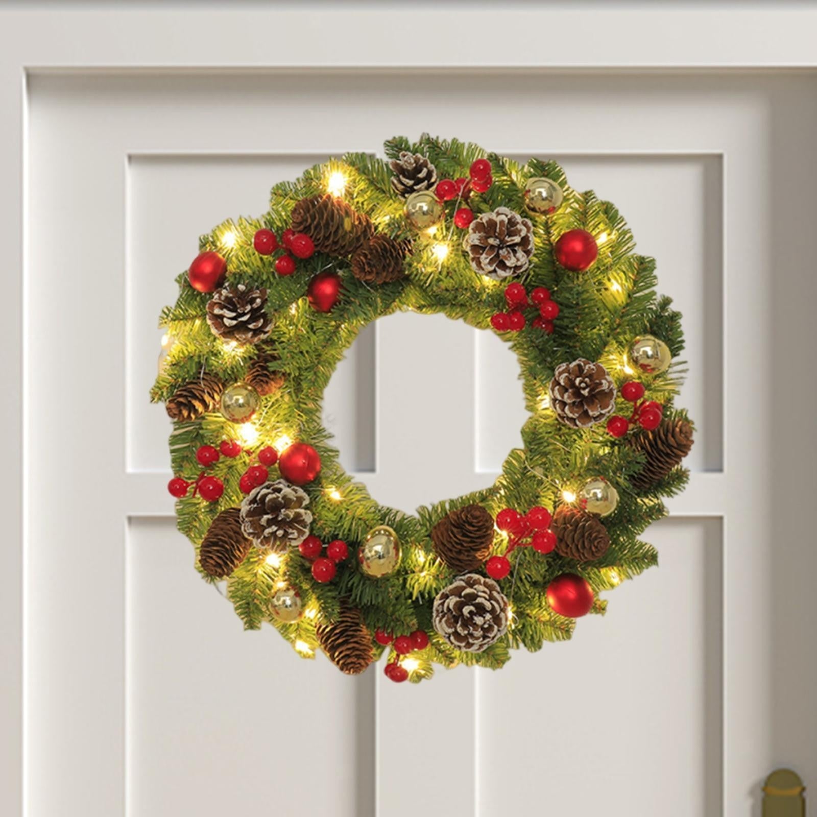 Christmas Wreath with Lights Xmas Wreath Garland with Pinecones Hanging Winter