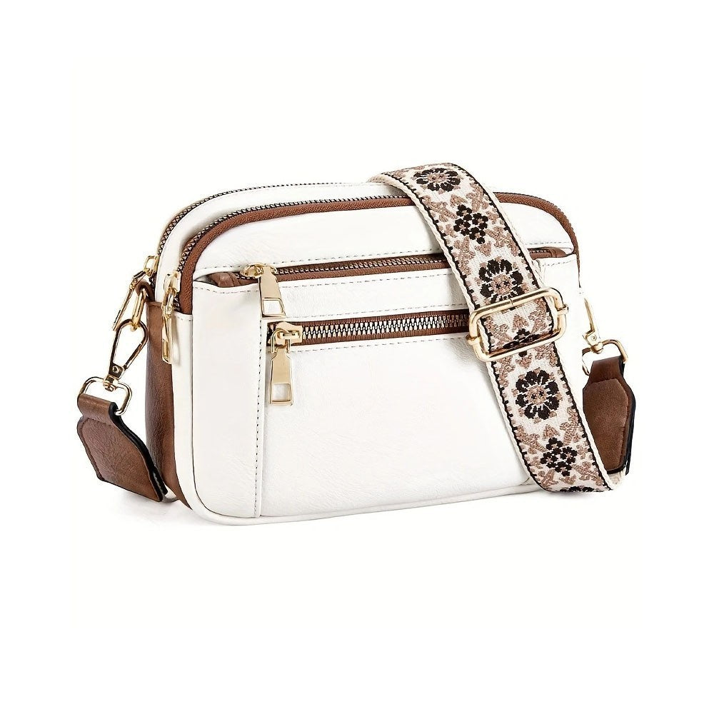Women Leather Cross Body Bag, Wide Strap Shoulder Messenger Handbag for Ladies