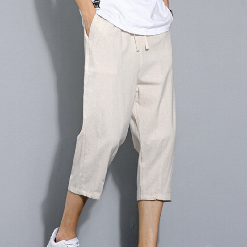 Mens Linen Shorts Casual Summer Cotton Elasticated Waist 3/4 Long Length Pants
