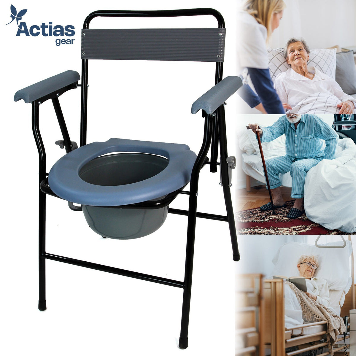 Folding Steel Commode Chair Portable Toilet with Safety Lock and 4 Litre Pail