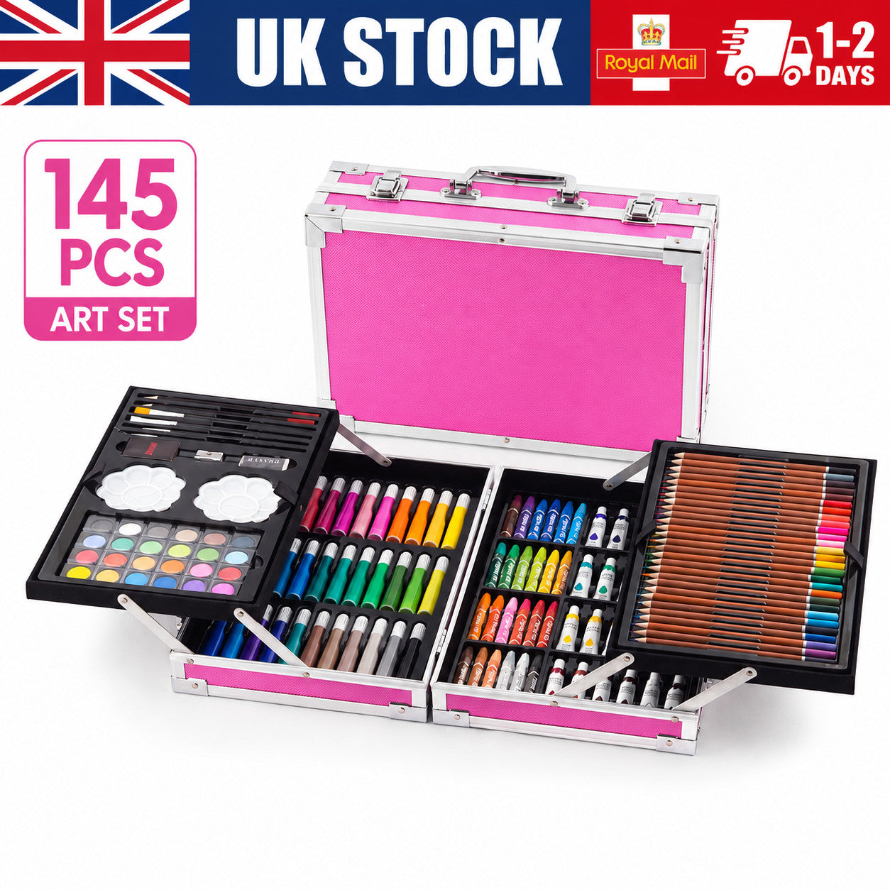 145pc Artists Aluminium Art Case Colouring Pencils Painting Set Childrens/Adults