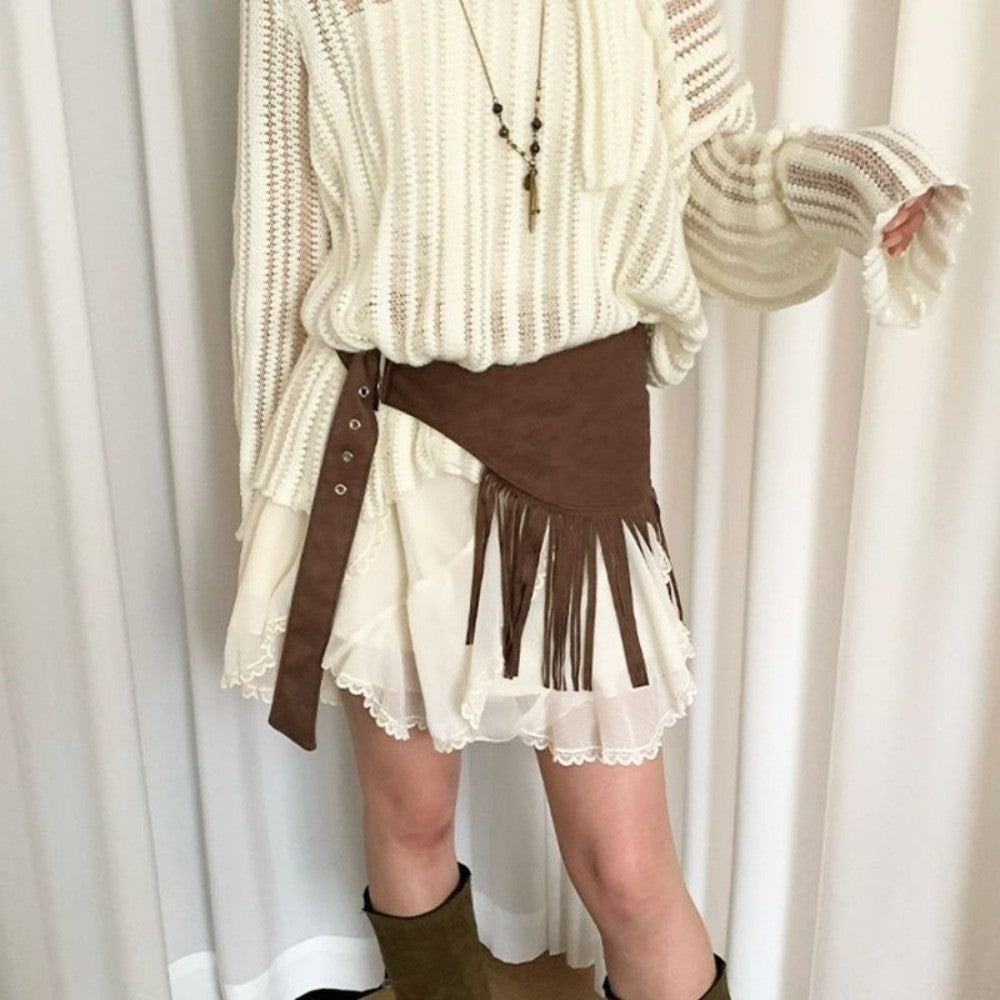 Fringe Mini Skirts Cowboy Style Triangle Butt Curtain  Streetwear