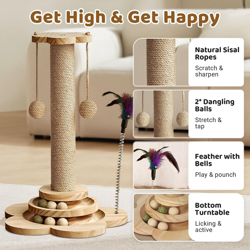 Tall Cat Scratching Post Cat Tree Scratcher Kitten Play Tower & Track Ball Toy