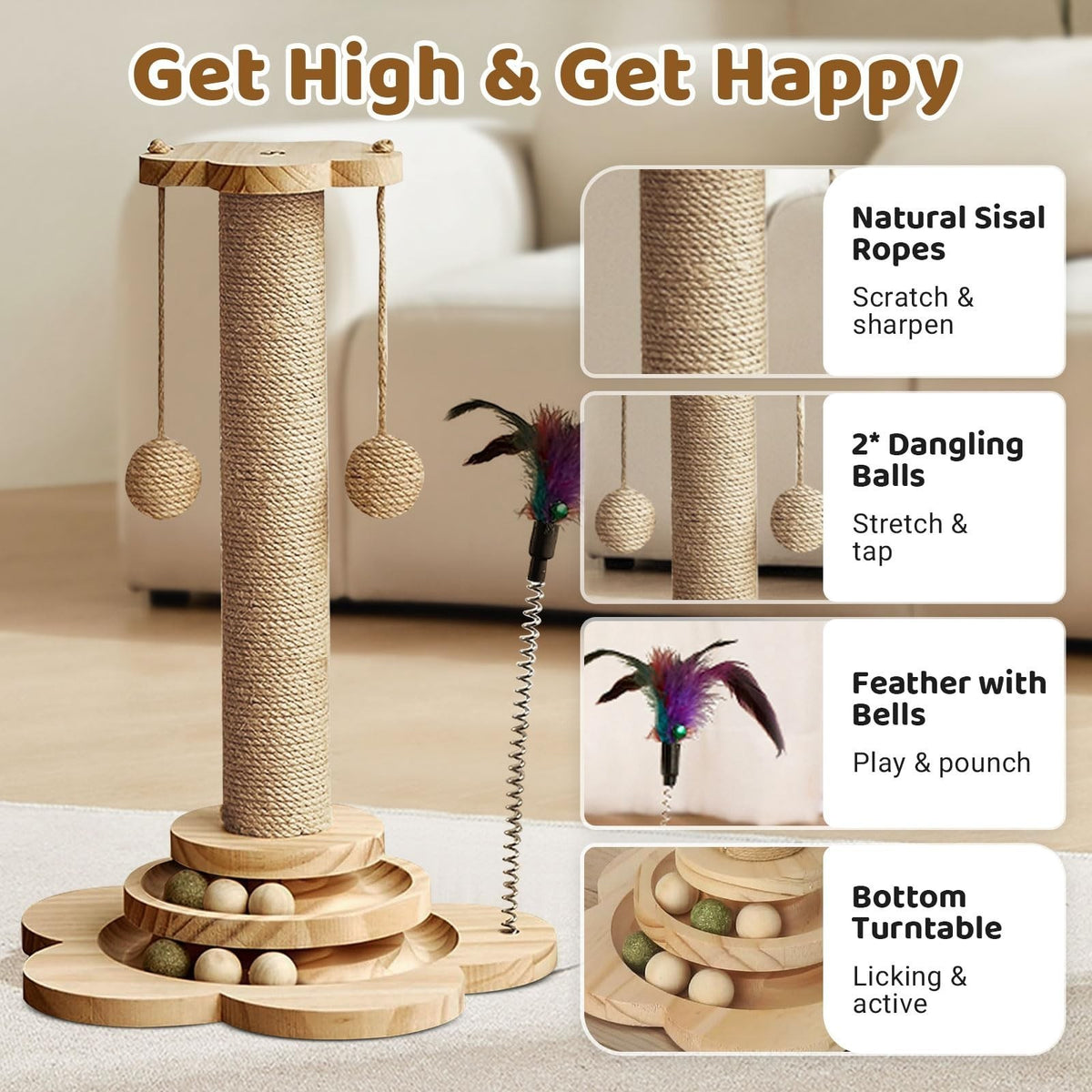 Tall Cat Scratching Post Cat Tree Scratcher Kitten Play Tower & Track Ball Toy