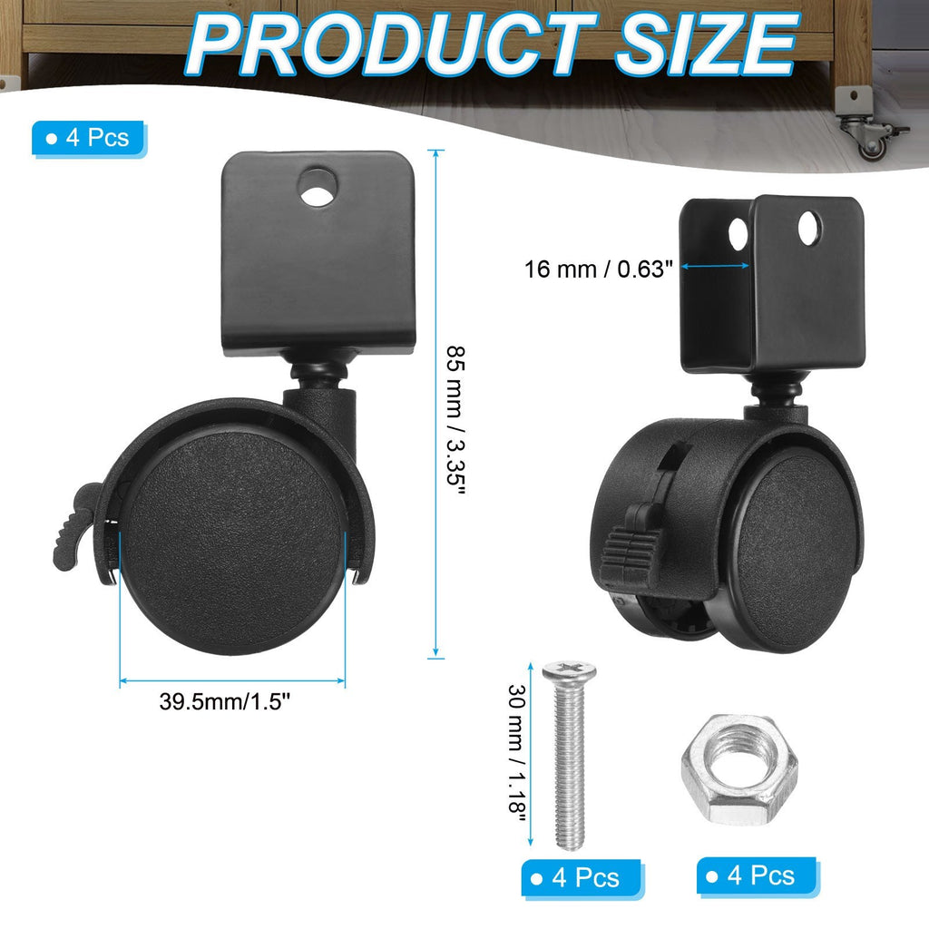4Pcs 1.5" Nylon Swivel Caster Wheels with Brake 0.63" U Bracket Caster Black
