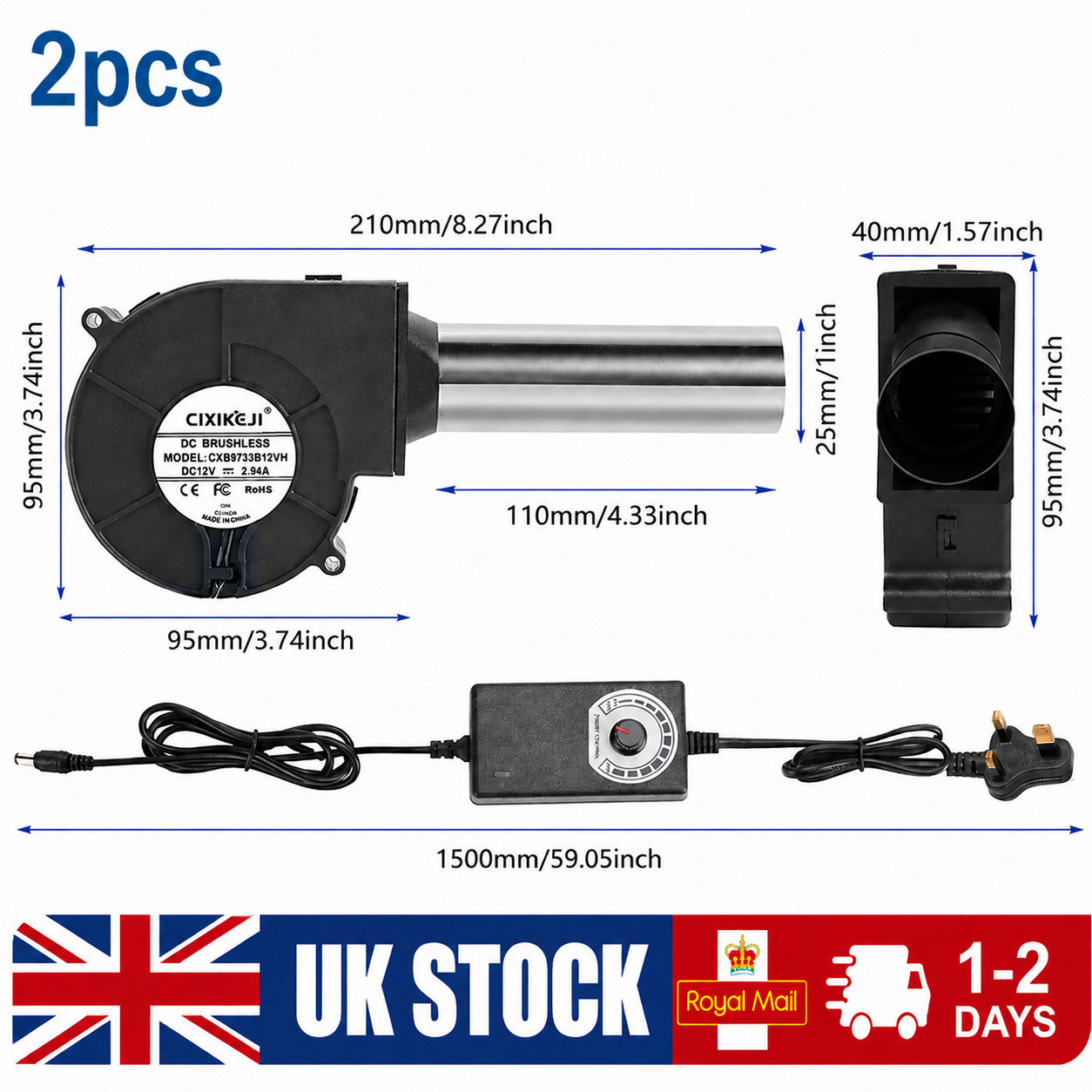 2x Adjustable 12V Blower fan For BBQ Heater Blower Air blower Cooking Machine UK