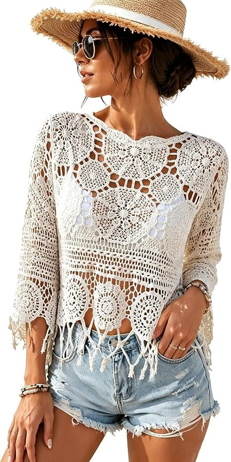 Women's Plain Fringe Trim Cut Out Sheer Cover Up-Boho Scallop Trim 3/4 Sleeve