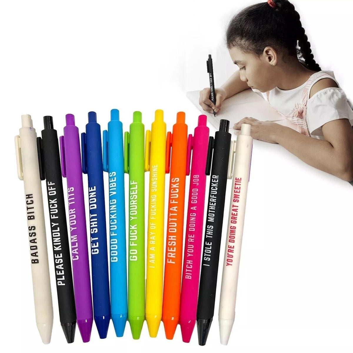 11PCS Funny Pens Swear Word Pen Set Black Ink Writing Pen Funny Diary Gift