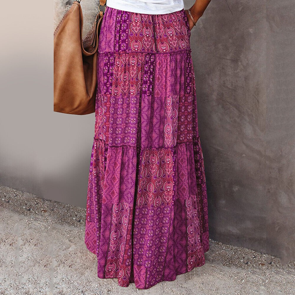 Women Bohemian High Waist Long Skirt Ladies Holiday Swing Baggy Boho Maxi Skirts