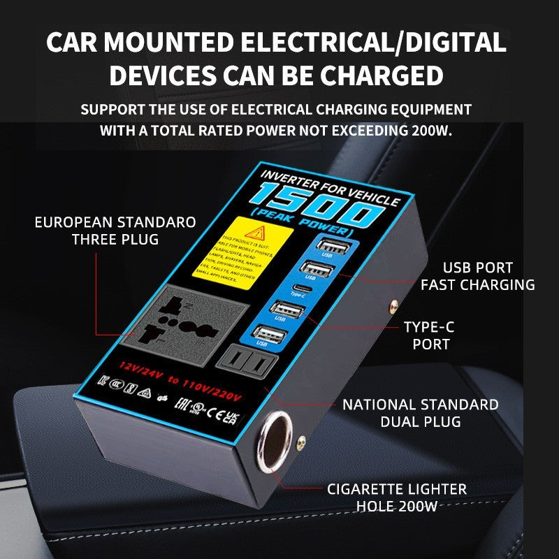 1500W Car Power Inverter Converter Adapter 12/24V to 220V1 Type-C USB 4 Socket