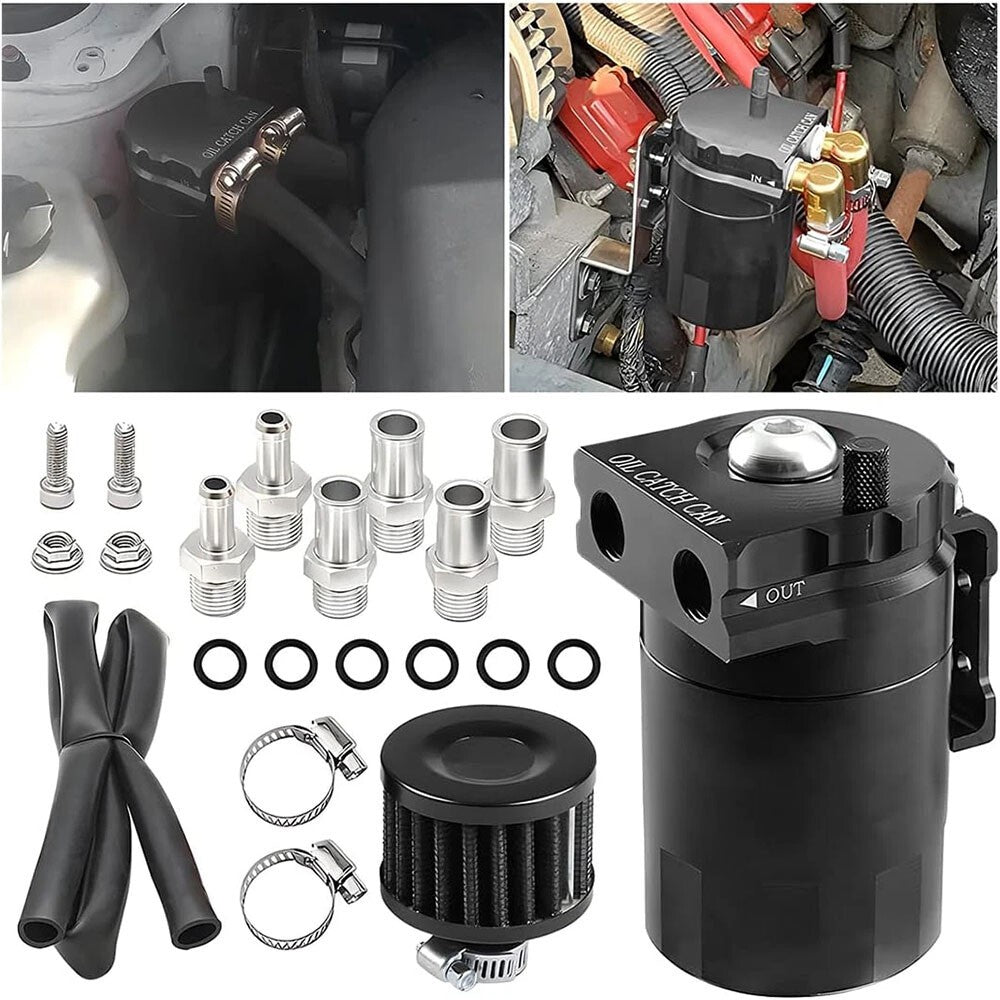 Car Oil Catch Reservoir Breather Can Tank + Filter Kit Cylinder Aluminum Engine
