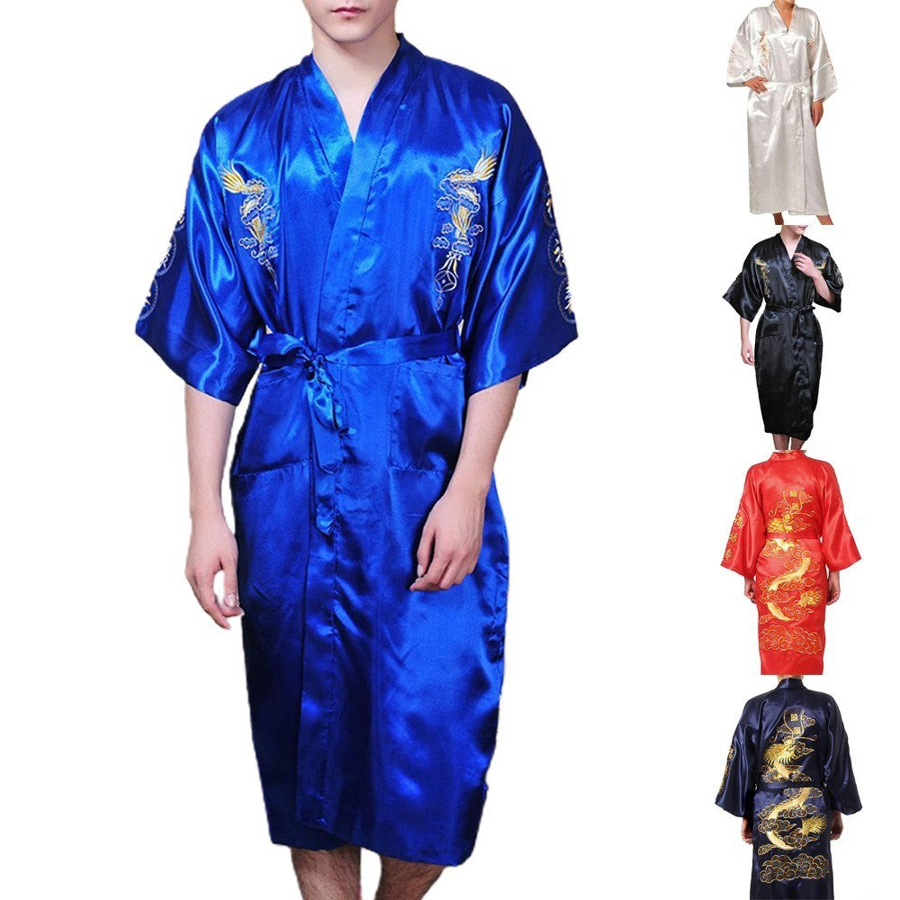 Chinese Dragon Satin Bathrobe Men's Kimono Pajamas for Stylish Comfort