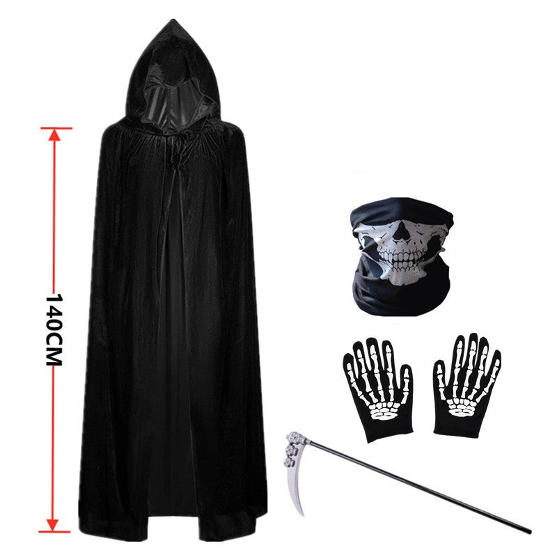 2026 New Adult Grim Reaper Costume Black Hooded Cloak Mask Gloves Scythe Set UK