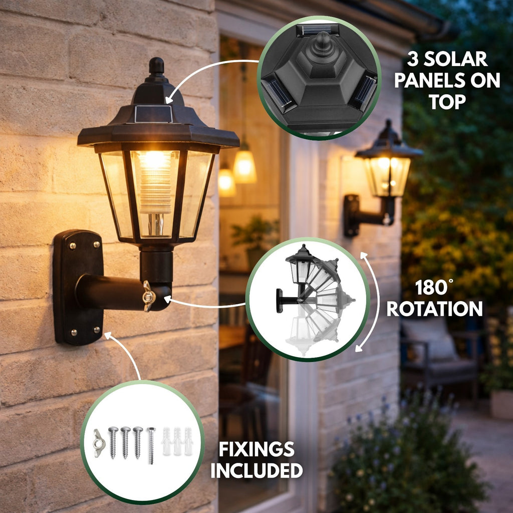 Set of 2 Solar Outdoor Wall Lights Victorian IP65 Solar Garden Lanterns