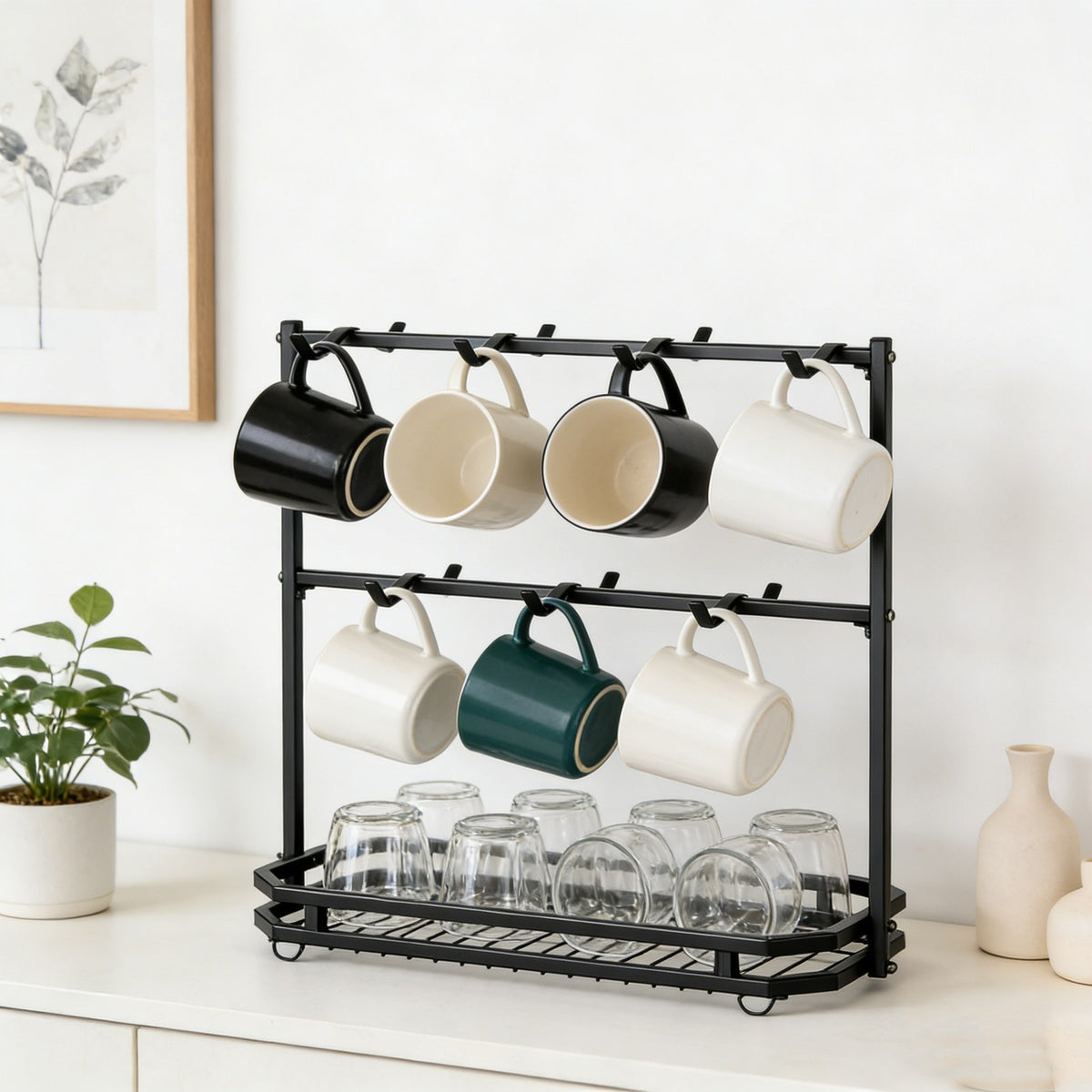 Coffee Mug Rack Metal Black Vintage Cup Holder Stand Storage Base with 14 Hooks