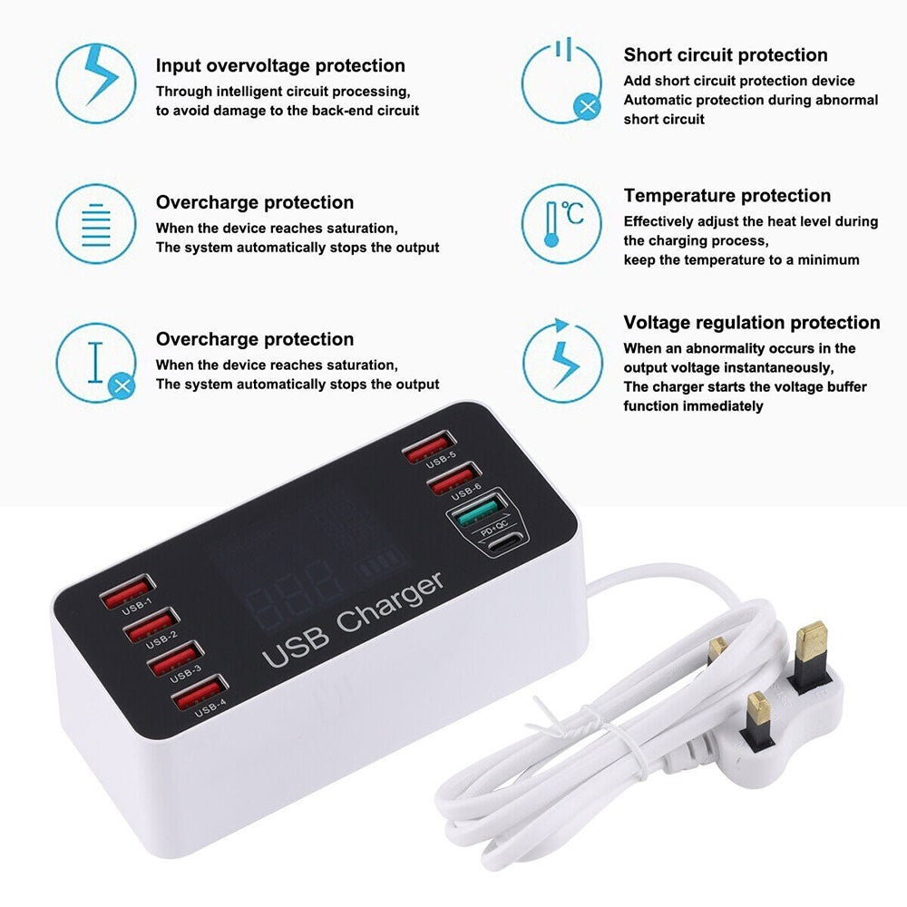 LCD Display Station Hub with UK Plug 8 Multi-Port USB Fast Quick Charger Adapter