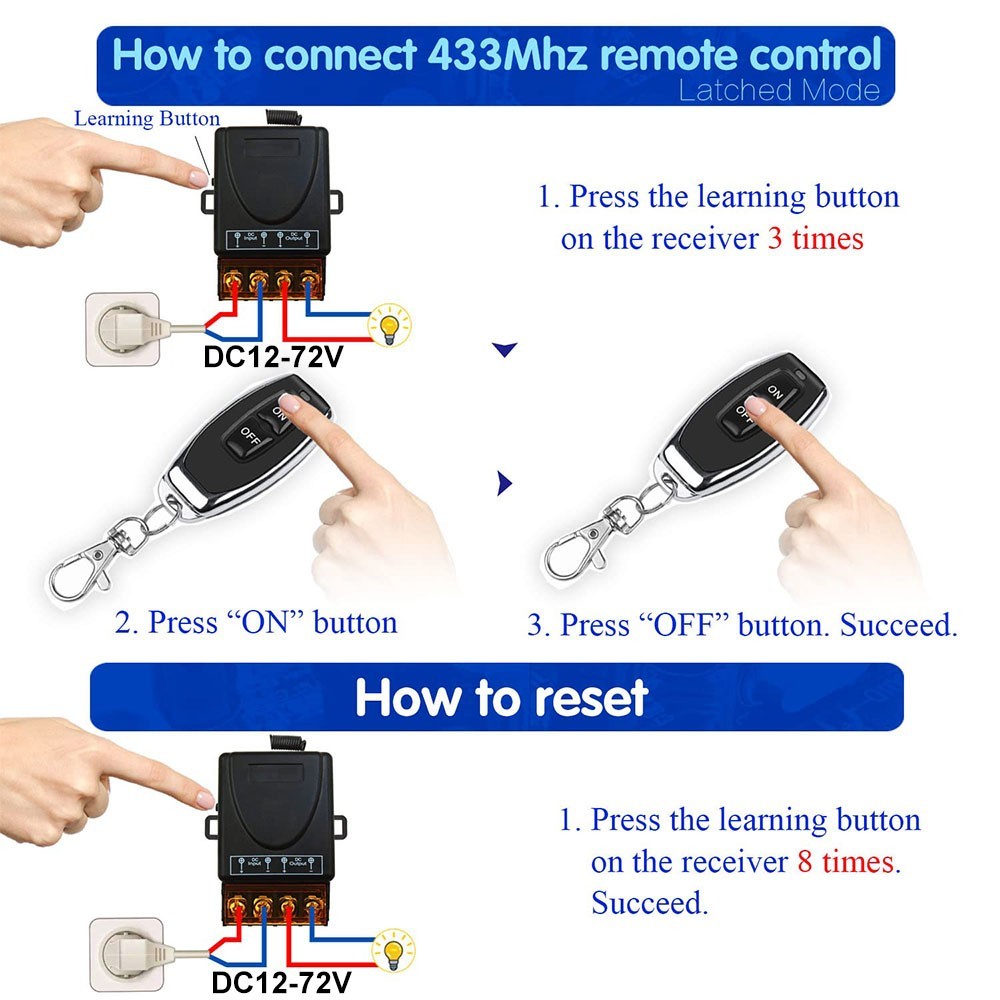Wireless Remote Control Switch DC 12V 24V 48V 72V 30A 1Ch Relay Receiver 433MHz