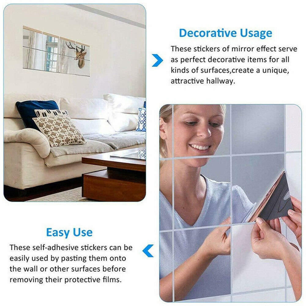 16Pcs Mirror Tiles Wall Sticker Self Adhesive Square Stick On Art Home Decor