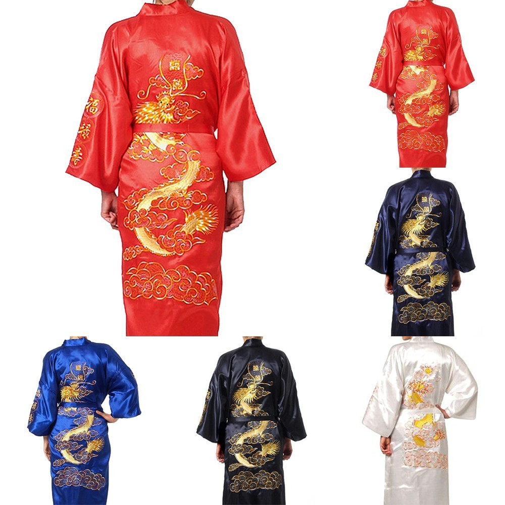 Chinese Dragon Satin Bathrobe Men's Kimono Pajamas for Stylish Comfort