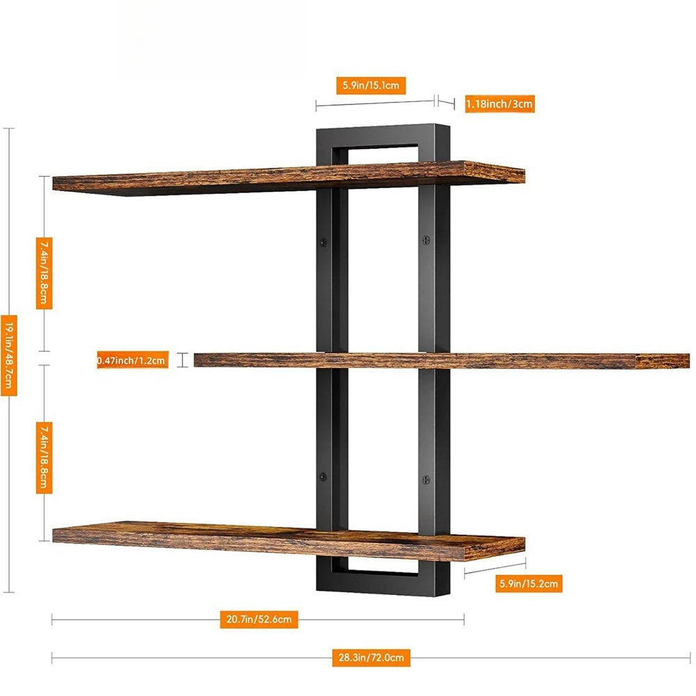 Wooden Floating Shelves 3-Tier Wall Display Racks 50cm with Metal Brackets UK