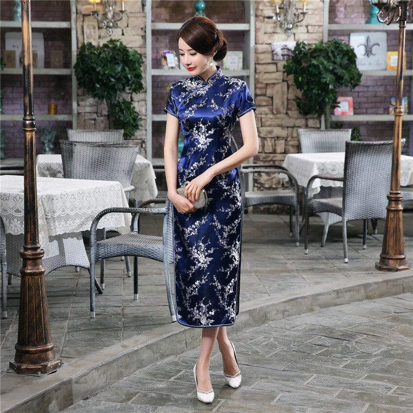 Women Summer Qipao Dress Chinese Long Silk Satin Cheongsam Evening Party Gowns