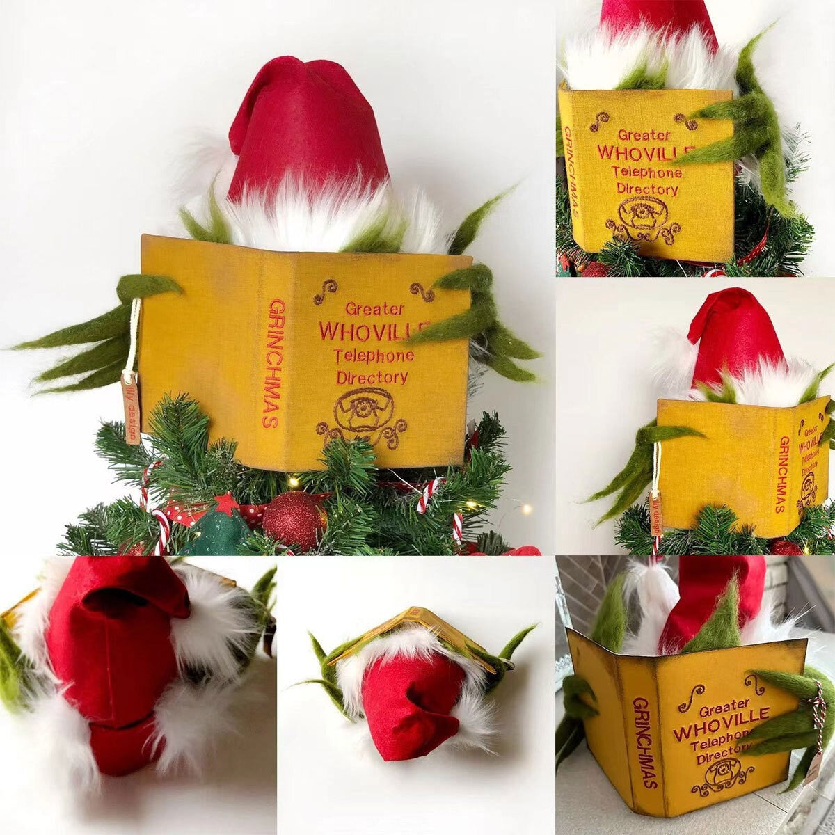 Topper Funny Grinch Hiding Behind Book Treetop Christmas Decor Christmas Tree