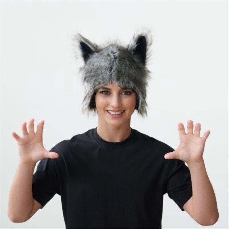 Animal Ear Hooded Cap Plush Winter Windproof Hat Adult Cosplay Event Dressingup