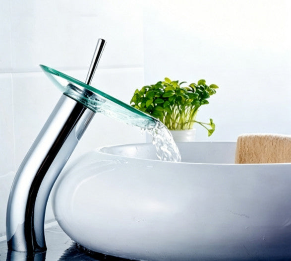 All Copper Round Glass Waterfall Glass Sink Mixer Tap Bathroom Wash Basin Faucet