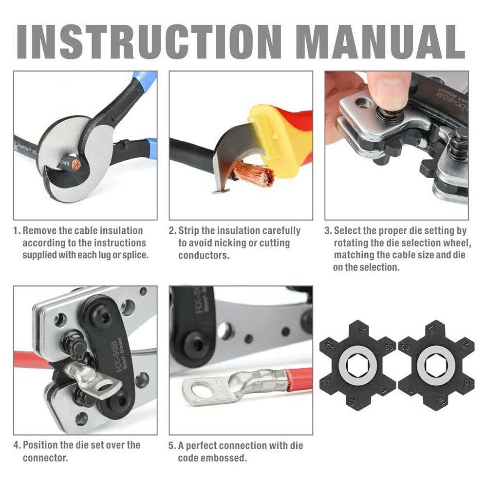 Heavy Duty Battery Cable Crimping Tool Wire Lugs Crimper Terminal Copper Lug Kit
