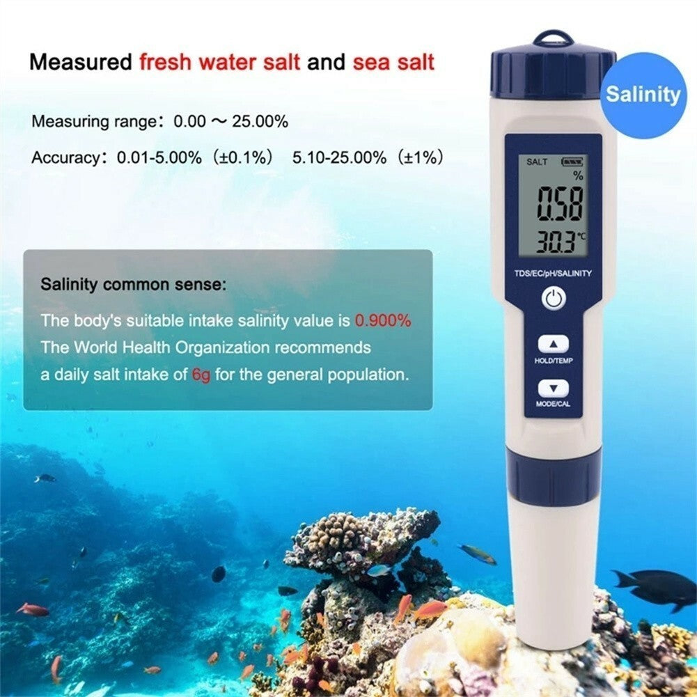 5in1 Water Quality Meter PH/TDS/Temp/EC/Salinity Meter High Accuracy Pen Tester