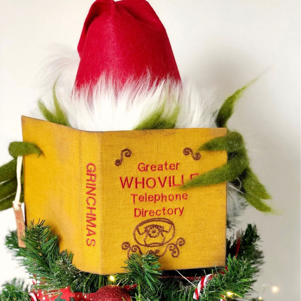 Topper Funny Grinch Hiding Behind Book Treetop Christmas Decor Christmas Tree