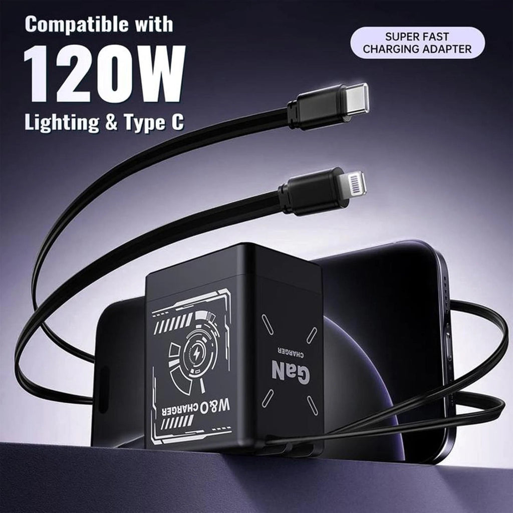 W&O 120W 2 in 1 GaN Wall Charger Retractable Type C Fast Charging Cable
