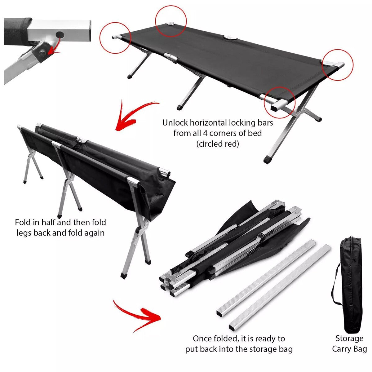 Heavy Duty Folding Camping Camp Bed Light Aluminium Steel Legs FREE CARRY BAG