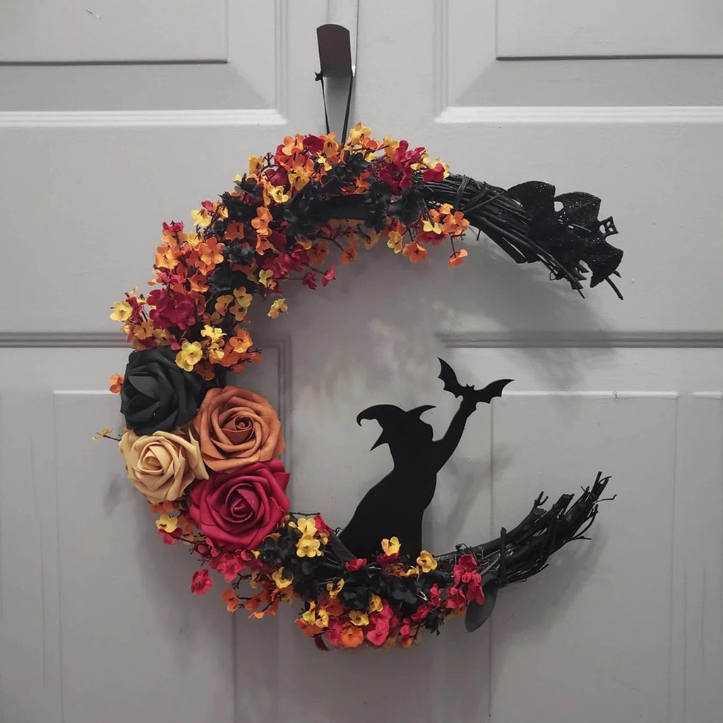 35cm Gothic Halloween Wreath - Witch Cat Moon Silhouette and Autumn Leaf Rose