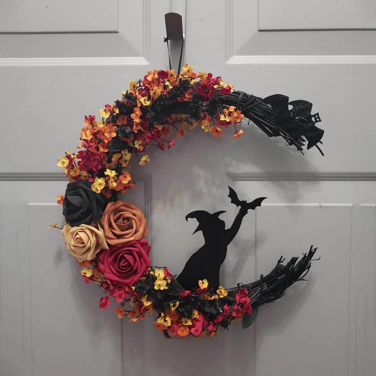 35cm Gothic Halloween Wreath - Witch Cat Moon Silhouette and Autumn Leaf Rose