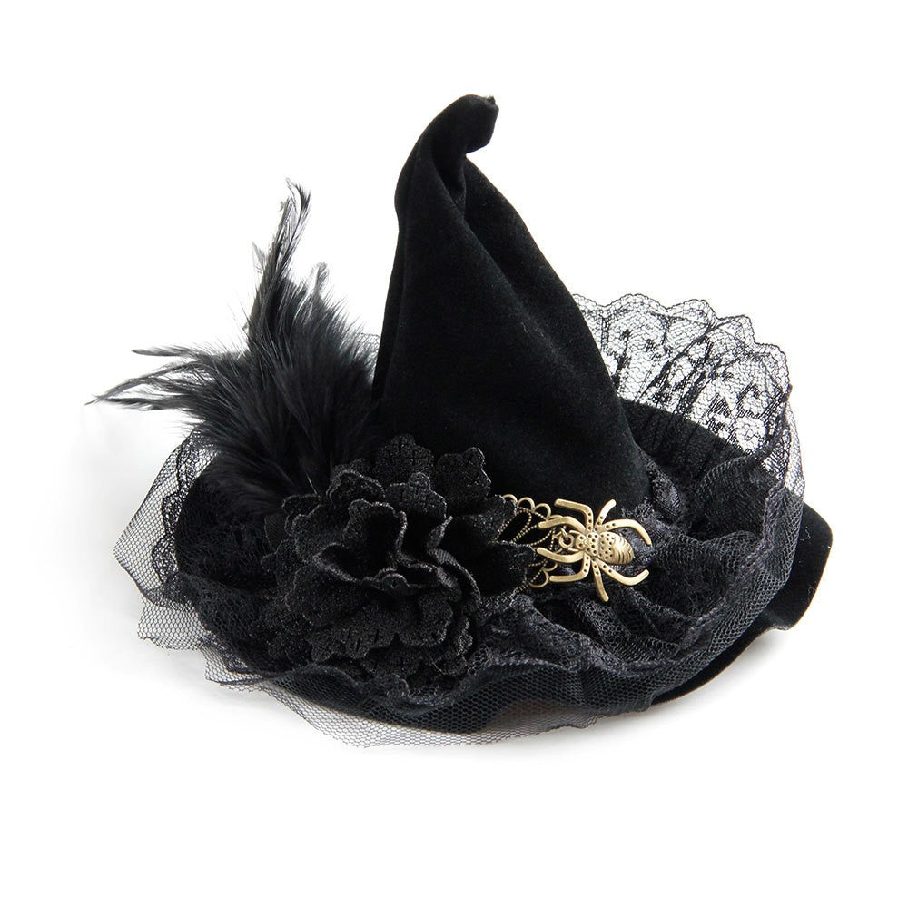 Mini Witch Hat Lace Feather Golden Spider Gothic Halloween Fancy Dress Headband