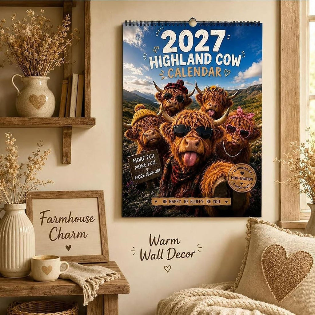 2027 Funny Highland Cow Wall Calendar, highland cow calendar 2027