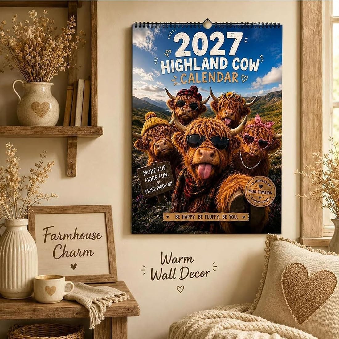 2027 Funny Highland Cow Wall Calendar, highland cow calendar 2027