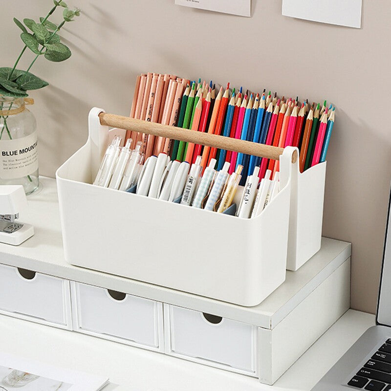 Stationery Pen Compartment Storage Box Wooden Handle Remote Control Storage Box