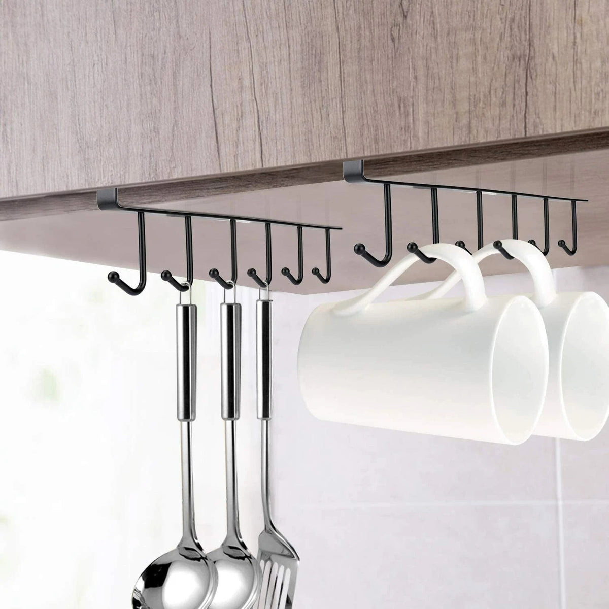 Kitchen Metal Mug Cup Holder Under Shelf Hanger Cupboard Storage Rack 6 Hooks UK