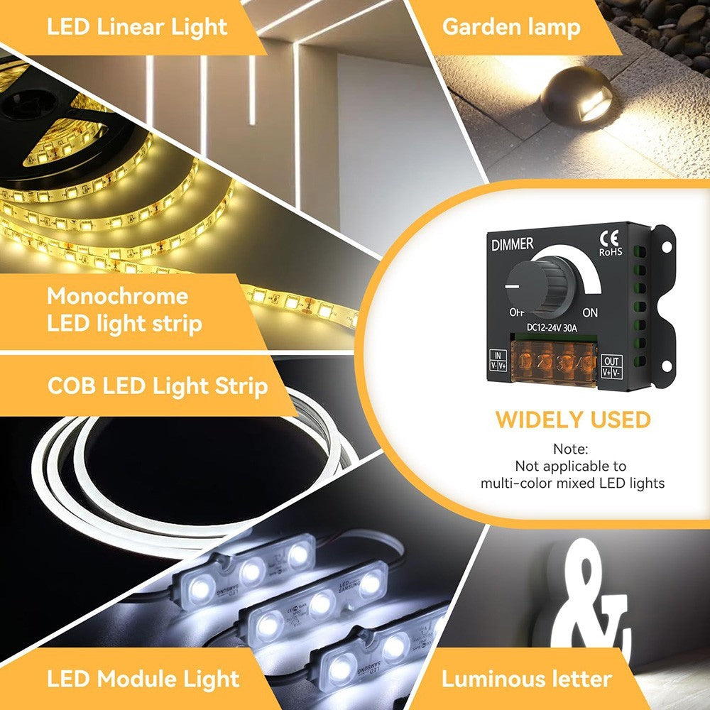 DC 12V-24V 30A PWM Dimming Controller with Knob LED Light Strip Switch Dimmer