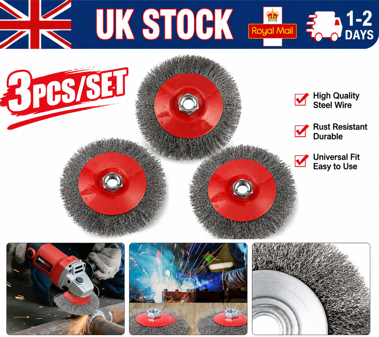 3x Stainless Steel Flat Wire Wheel Cup Brush For 115mm Angle Grinder Universal