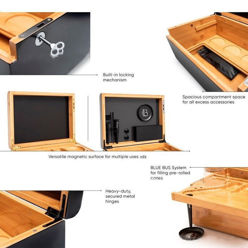 Locking Bamboo Storage Box Movable Rolling Tray Wooden Stash Chest Organizer