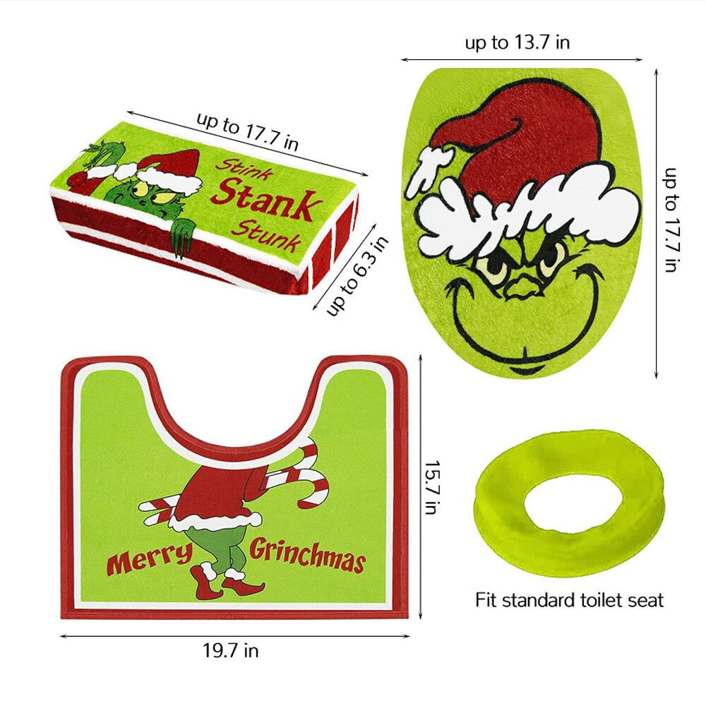4PCS/Set Christmas Grinchs Decor Bathroom Toilet Pad Seat Cover-Rug for Bathroom