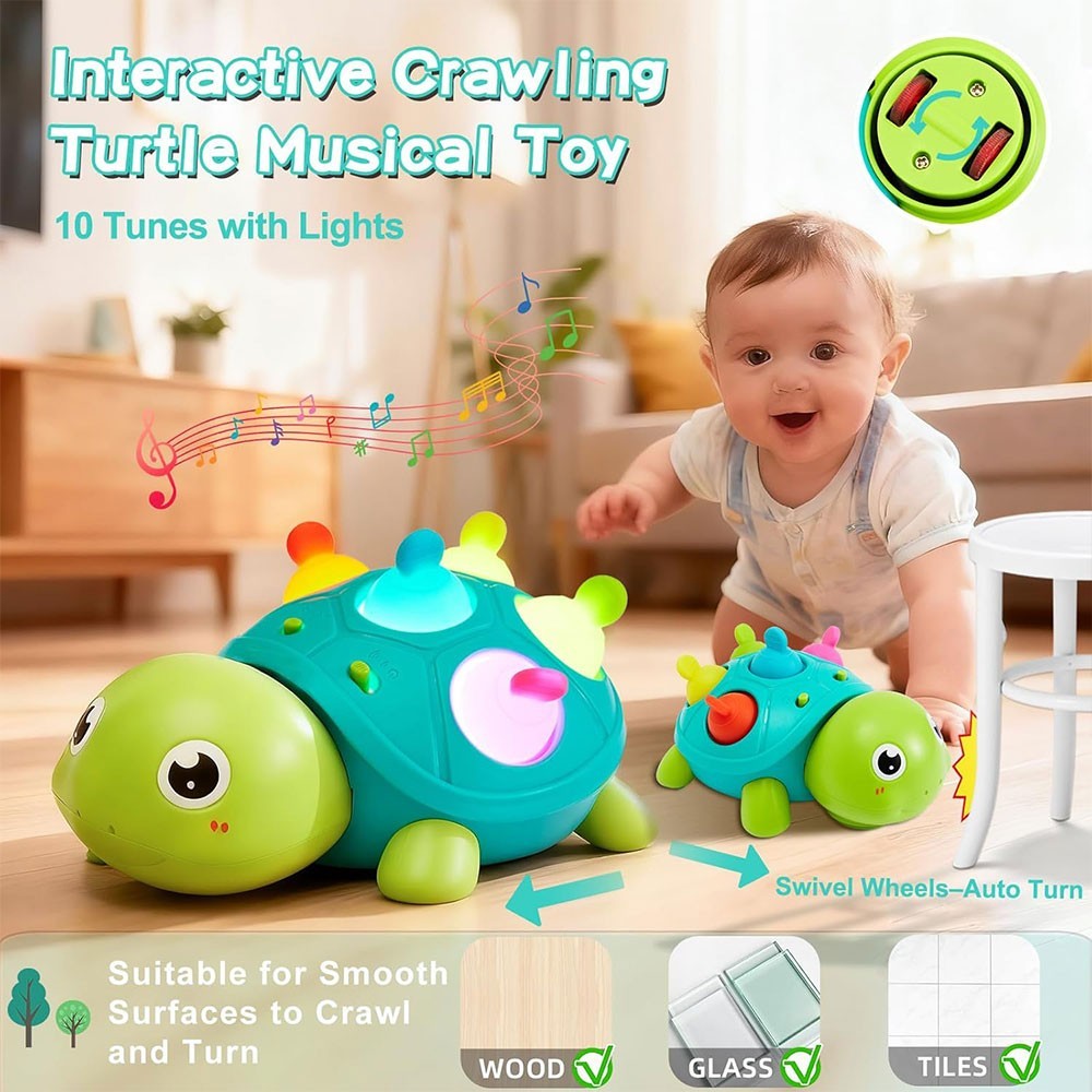 Musical Crawling Turtle Baby Toy for 6-12-18 Months, Light-Up Tummy Time Sensor