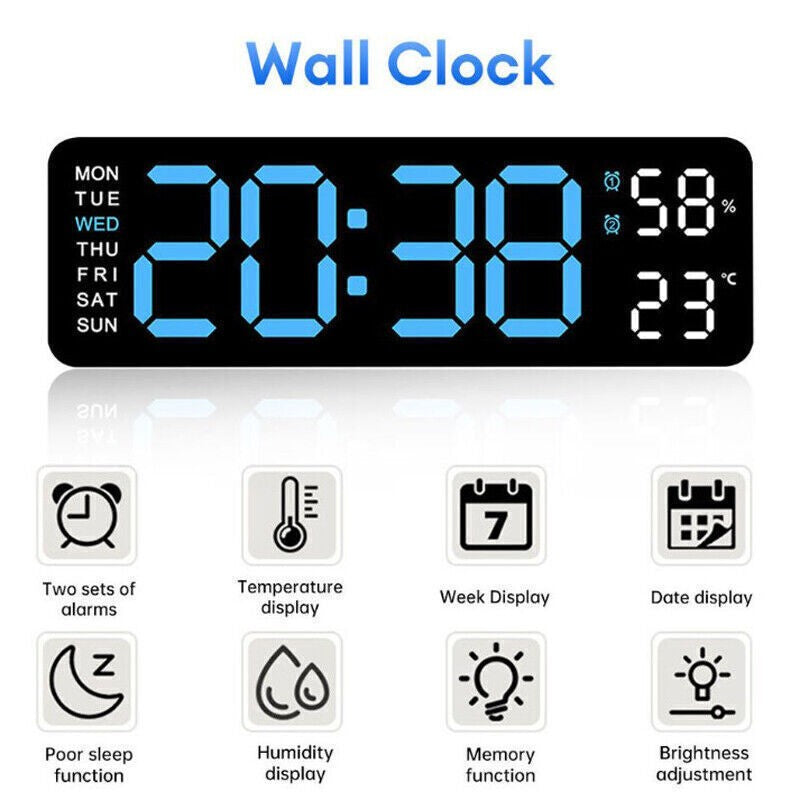 Digital LED Large Display Wall Desk Alarm Clock With Calendar Temperature Date