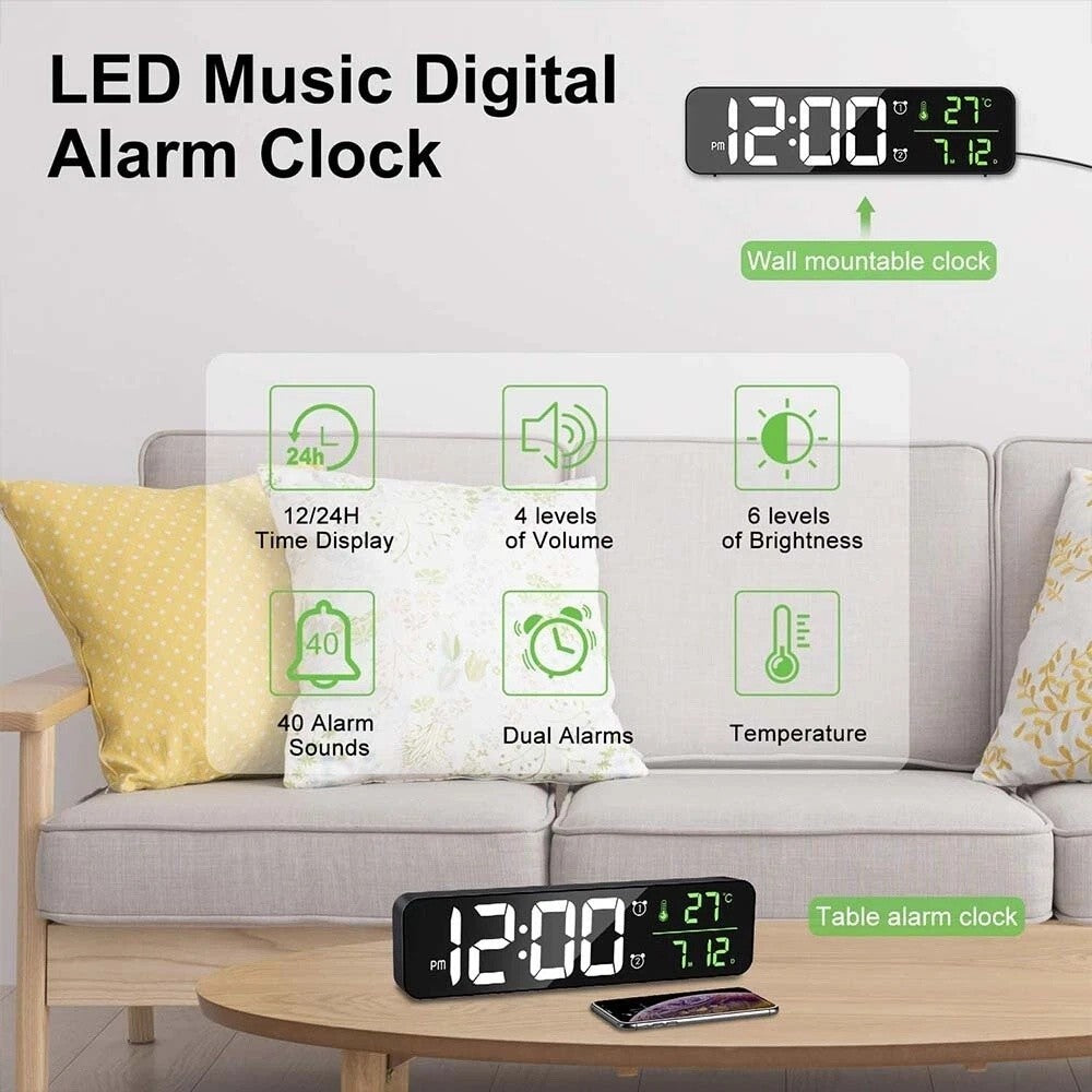 Digital Alarm Clock LED Display Desk Wall Clock with Temperature Date Week Clock