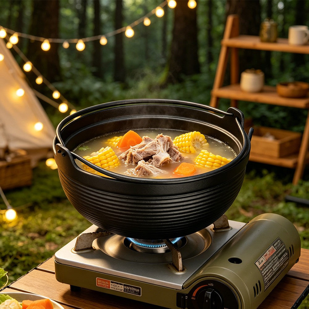 Cast Iron Stew Pot Dutch Oven Pan Stock Pot Camping Picnic Cooking Pot w/ Handle