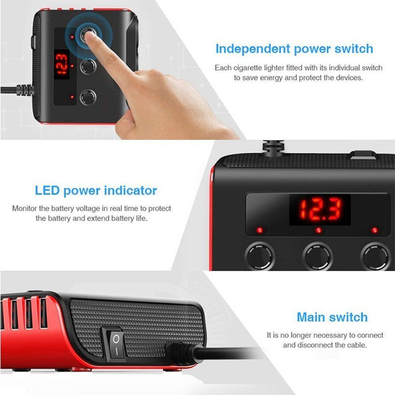 3Way Car Cigarette Lighter Socket Splitter USB Fast Charger Power Adapter 12-24V
